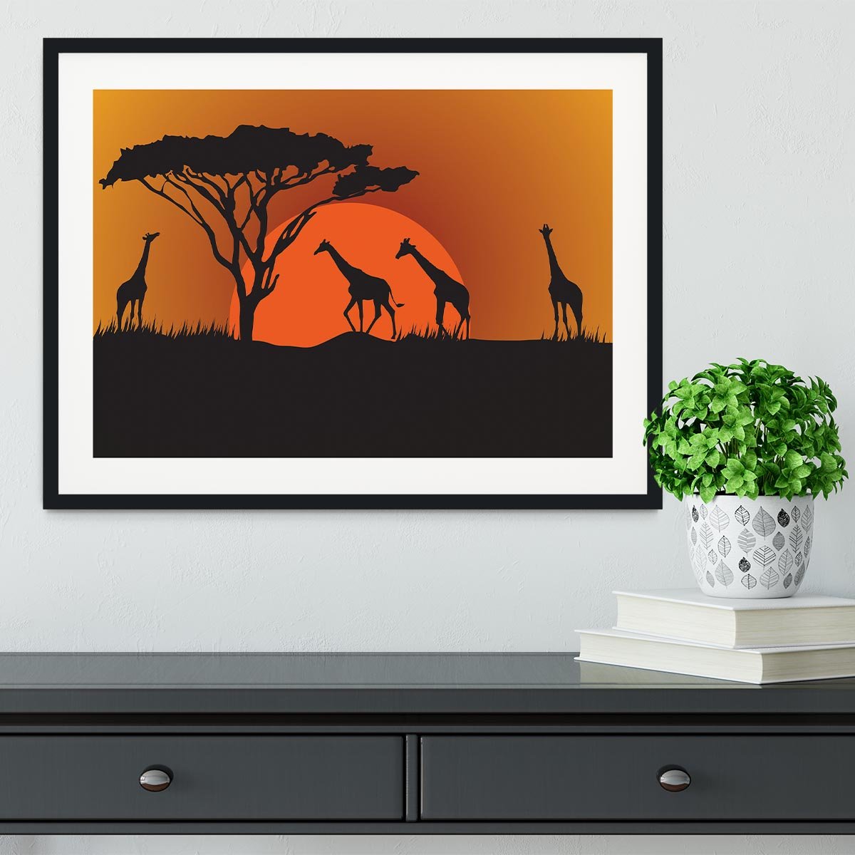 Silhouettes of giraffes in safari sunset Framed Print - Canvas Art Rocks - 1