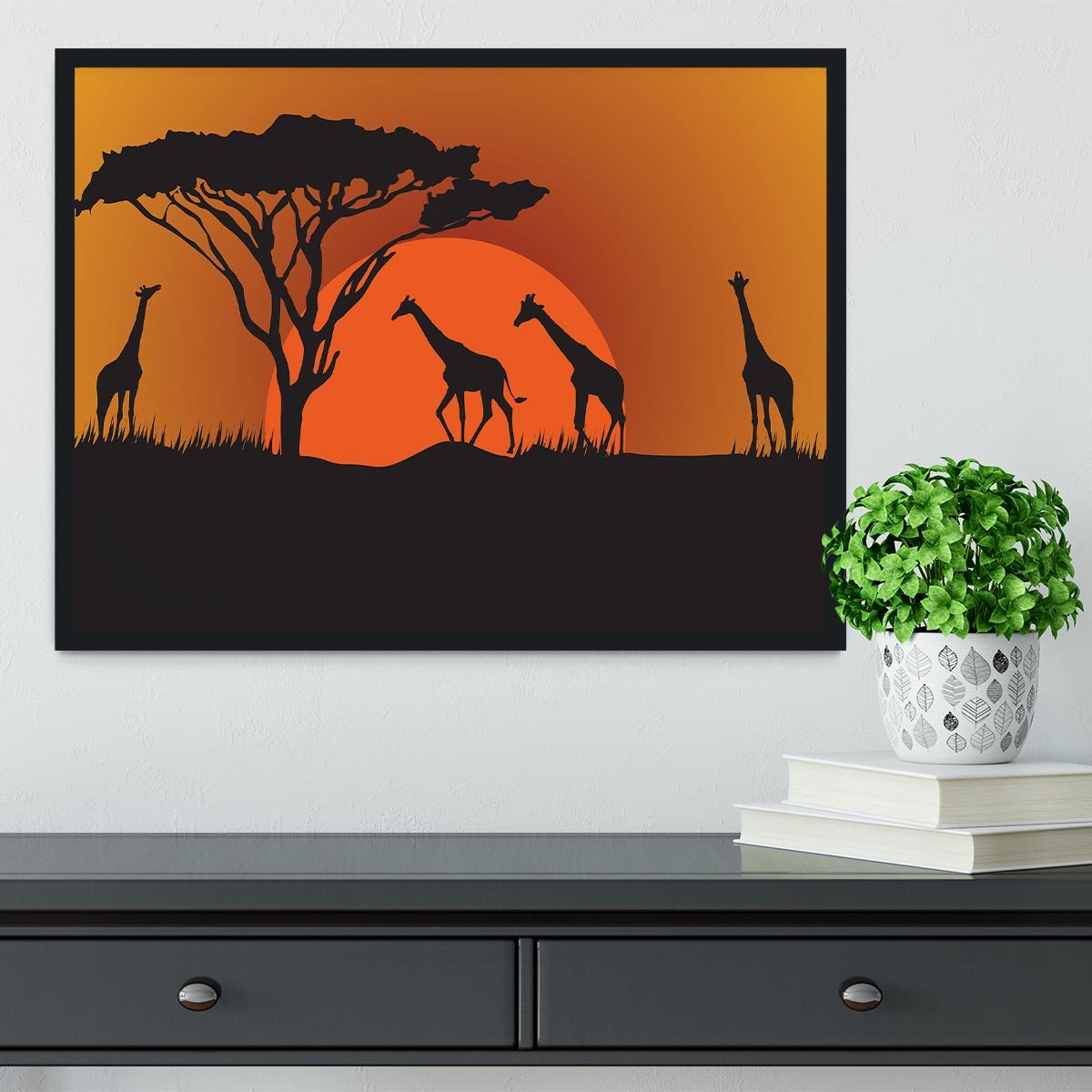 Silhouettes of giraffes in safari sunset Framed Print - Canvas Art Rocks - 2