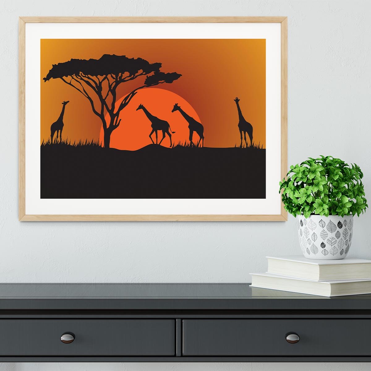 Silhouettes of giraffes in safari sunset Framed Print - Canvas Art Rocks - 3