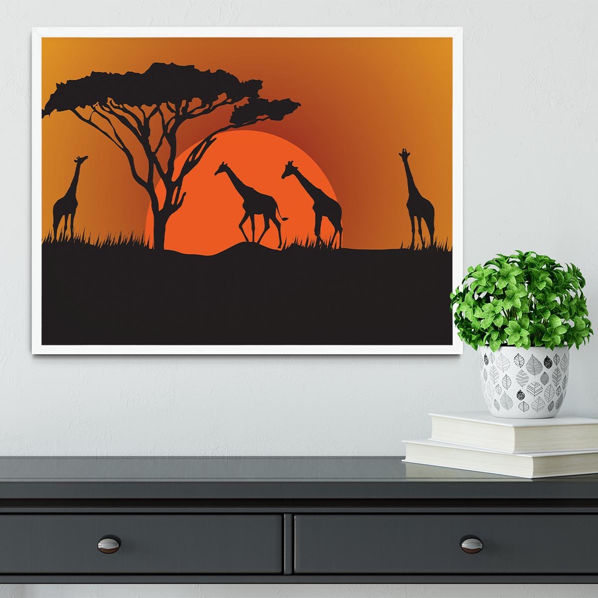 Silhouettes of giraffes in safari sunset Framed Print - Canvas Art Rocks -6