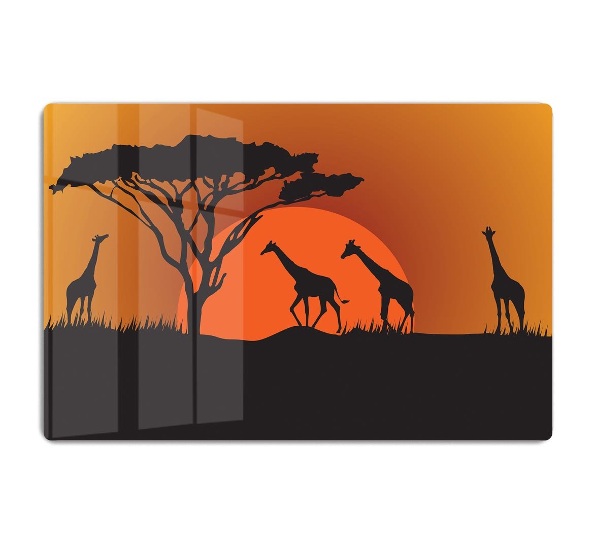 Silhouettes of giraffes in safari sunset HD Metal Print