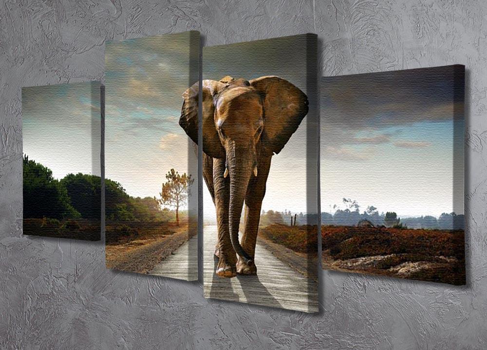 Single elephant walking in a road 4 Split Panel Canvas - Canvas Art Rocks - 2