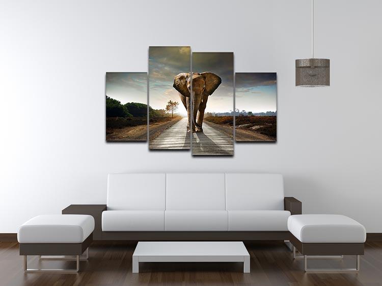 Single elephant walking in a road 4 Split Panel Canvas - Canvas Art Rocks - 3