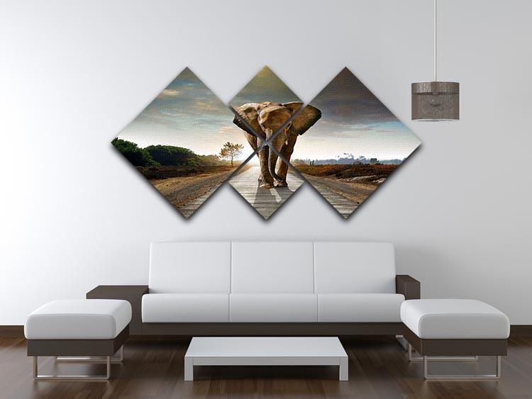 Single elephant walking in a road 4 Square Multi Panel Canvas - Canvas Art Rocks - 3