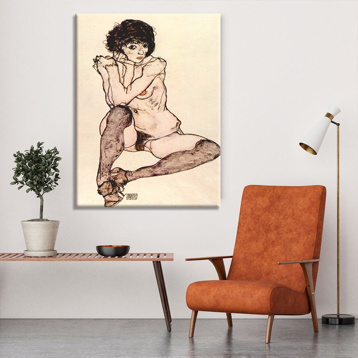 Sitting female nude by Egon Schiele Canvas Print or Poster