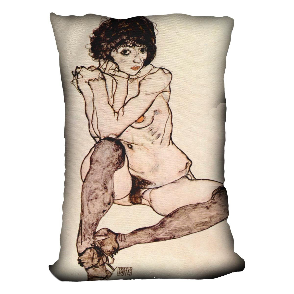 Sitting female nude by Egon Schiele Cushion