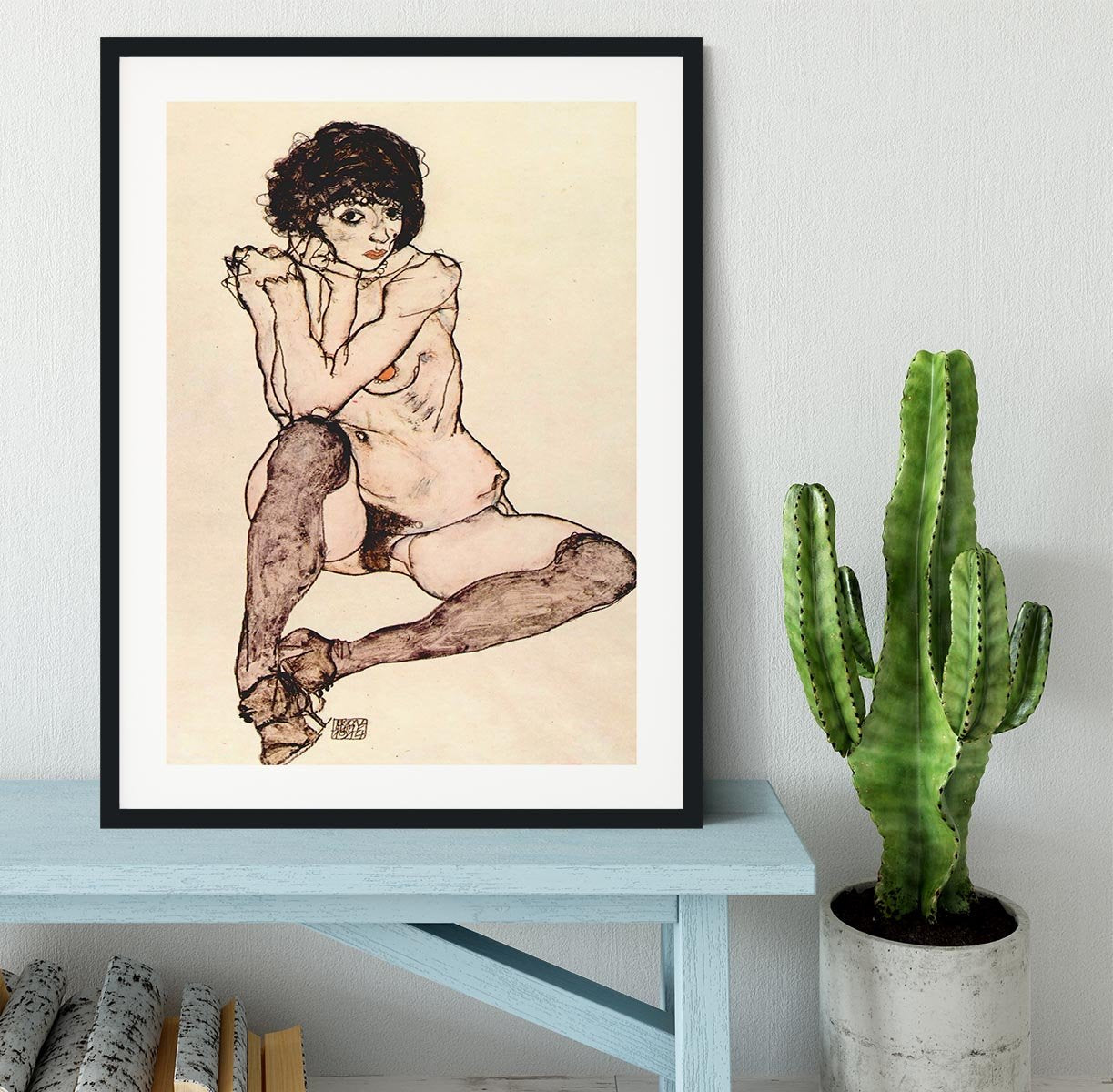 Sitting female nude by Egon Schiele Framed Print - Canvas Art Rocks - 1