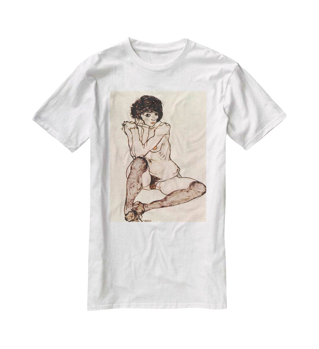 Sitting female nude by Egon Schiele T-Shirt - Canvas Art Rocks - 5