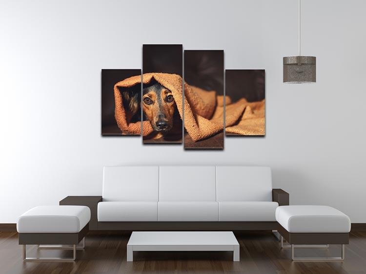 Small black and brown dog hiding under orange blanket 4 Split Panel Canvas - Canvas Art Rocks - 3