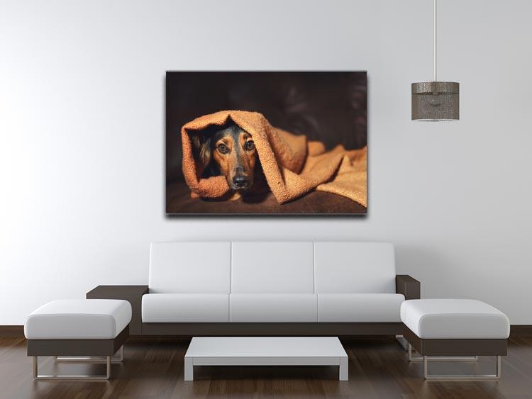 Small black and brown dog hiding under orange blanket Canvas Print or Poster - Canvas Art Rocks - 4