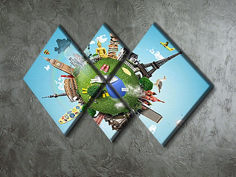 Small planet with landmarks around the world 4 Square Multi Panel Canvas - Canvas Art Rocks - 2