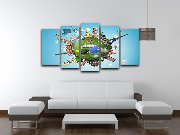 Small planet with landmarks around the world 5 Split Panel Canvas - Canvas Art Rocks - 3