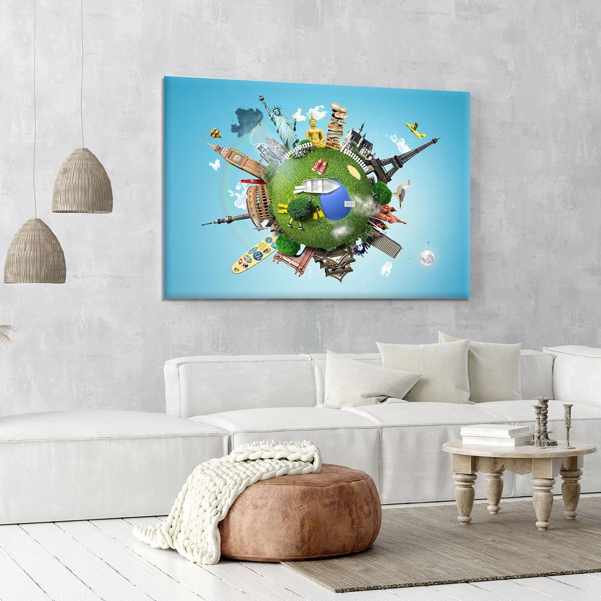 Small planet with landmarks around the world Canvas Print or Poster