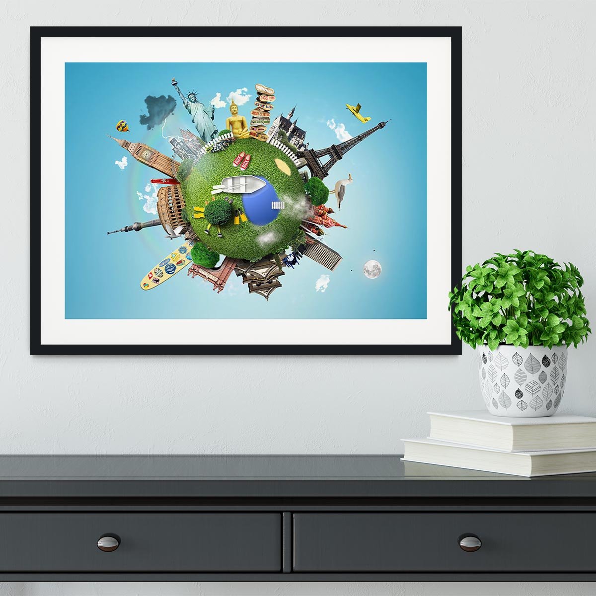 Small planet with landmarks around the world Framed Print - Canvas Art Rocks - 1