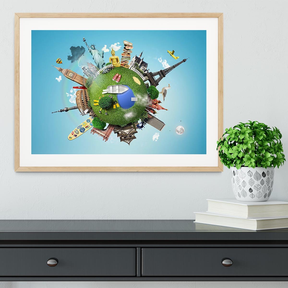Small planet with landmarks around the world Framed Print - Canvas Art Rocks - 3