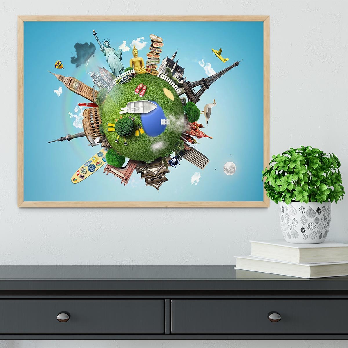 Small planet with landmarks around the world Framed Print - Canvas Art Rocks - 4