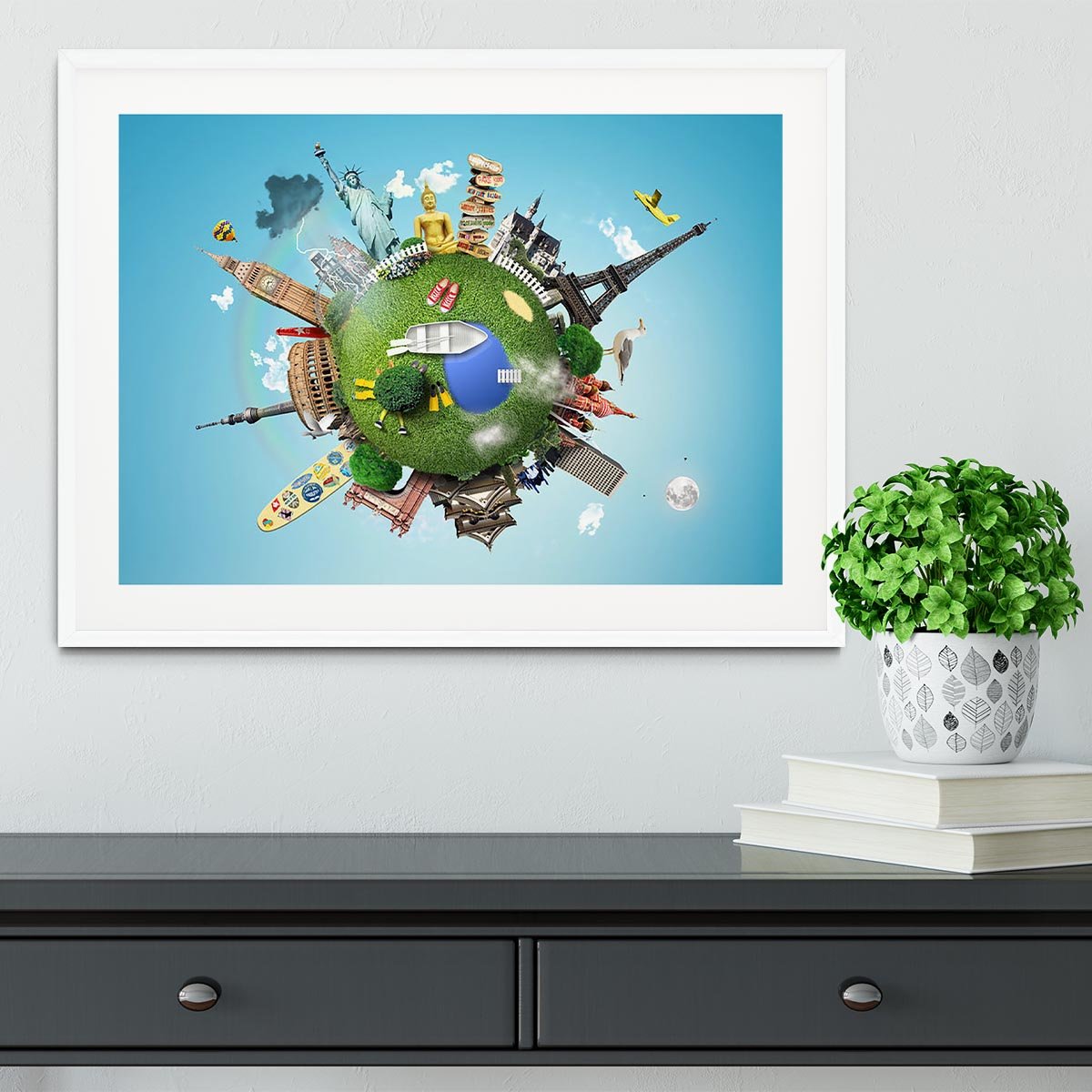 Small planet with landmarks around the world Framed Print - Canvas Art Rocks - 5