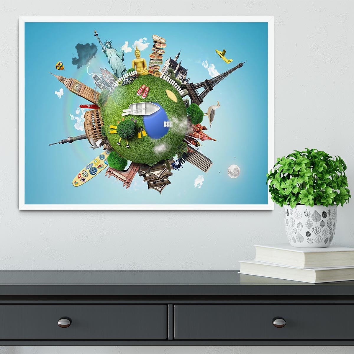 Small planet with landmarks around the world Framed Print - Canvas Art Rocks -6