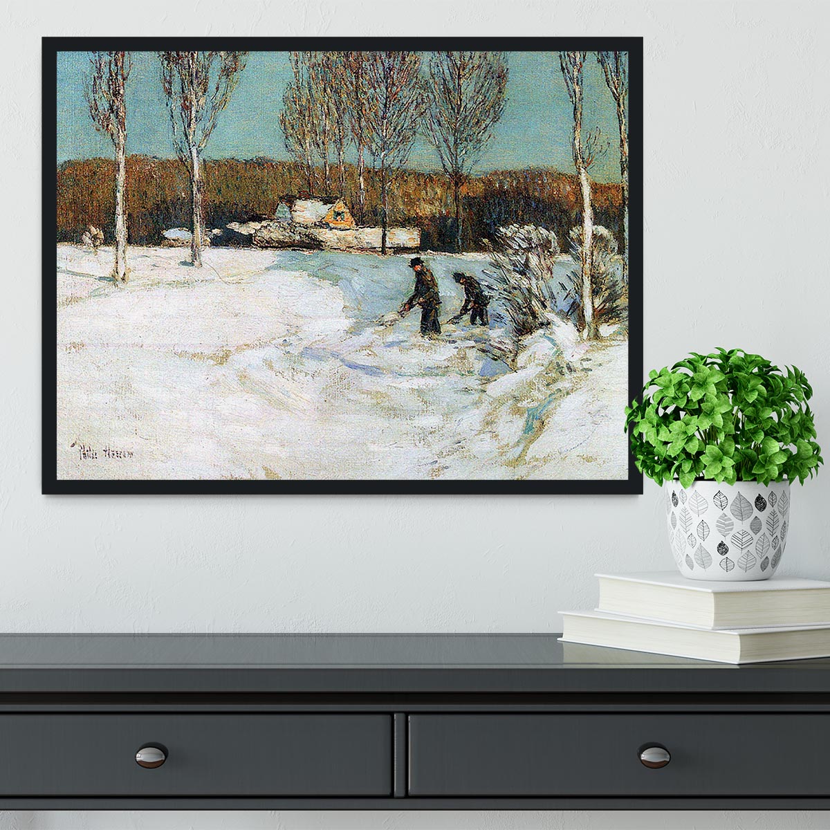 Snow shovels New England by Hassam Framed Print - Canvas Art Rocks - 2