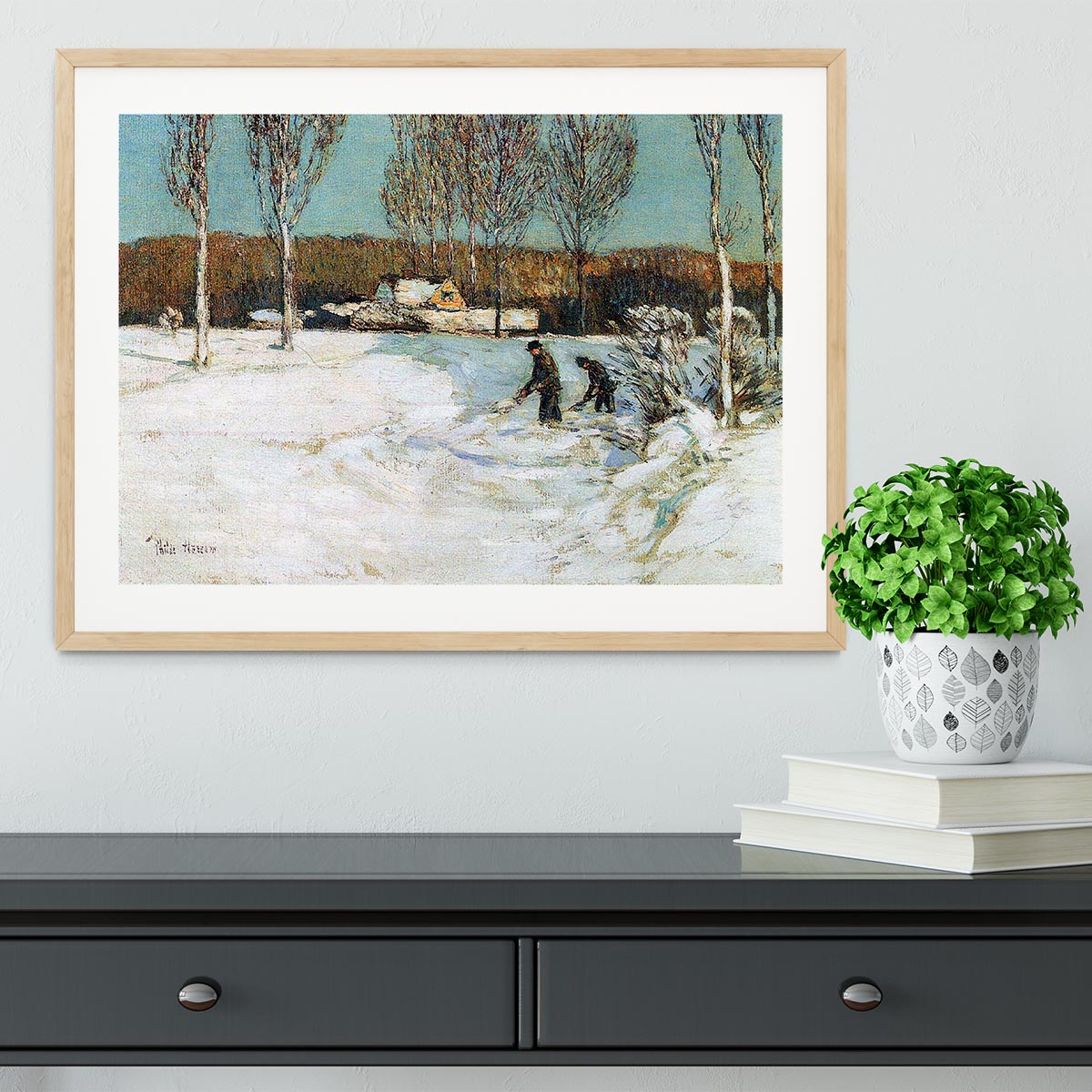 Snow shovels New England by Hassam Framed Print - Canvas Art Rocks - 3