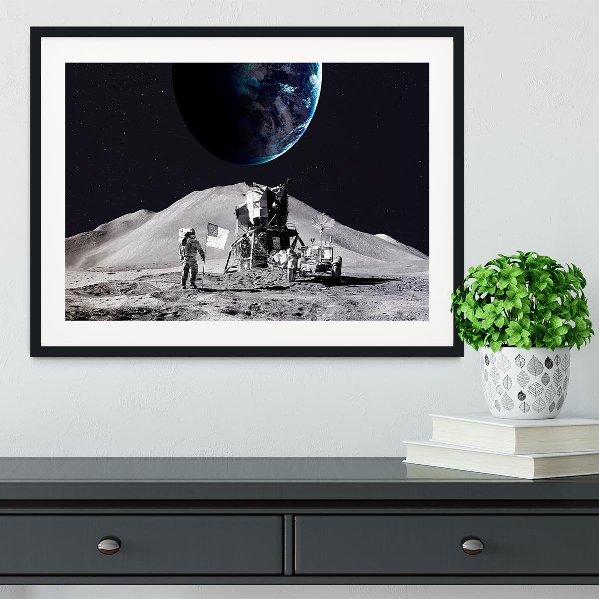Space Man On The Moon Framed Print - Canvas Art Rocks - 1