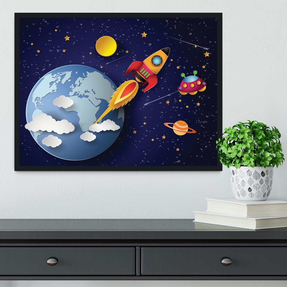 Space rocket launch and galaxy Framed Print - Canvas Art Rocks - 2