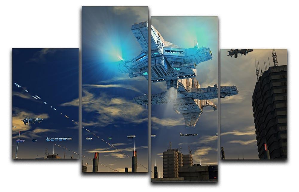 Spaceship UFO and City 4 Split Panel Canvas  - Canvas Art Rocks - 1