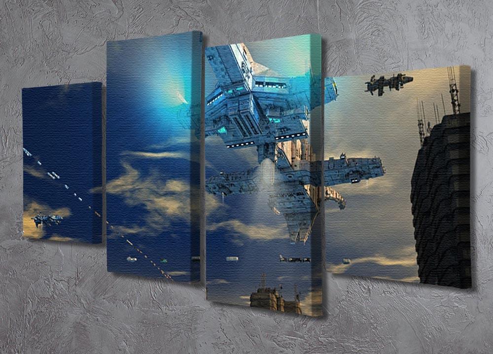 Spaceship UFO and City 4 Split Panel Canvas - Canvas Art Rocks - 2