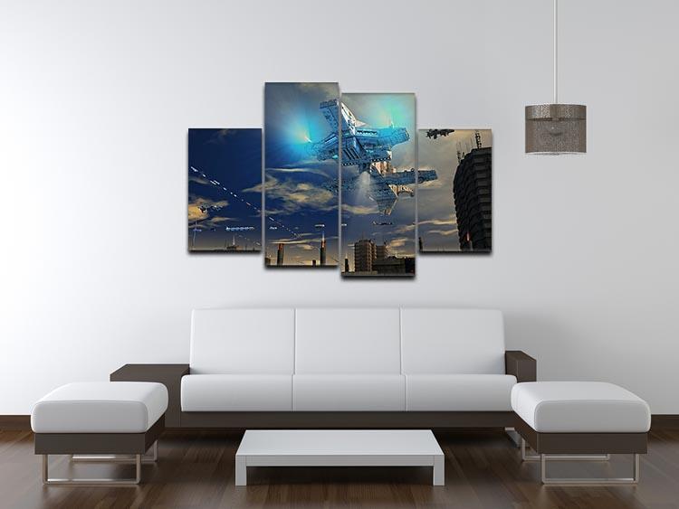 Spaceship UFO and City 4 Split Panel Canvas - Canvas Art Rocks - 3