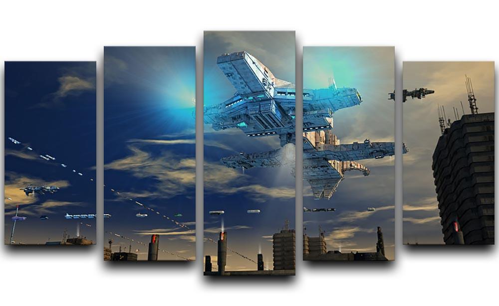 Spaceship UFO and City 5 Split Panel Canvas  - Canvas Art Rocks - 1