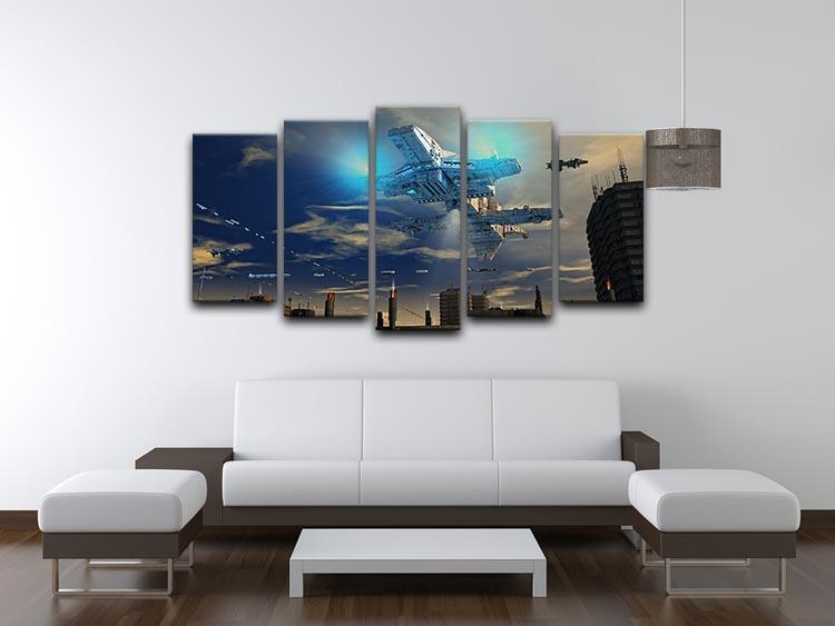 Spaceship UFO and City 5 Split Panel Canvas - Canvas Art Rocks - 3