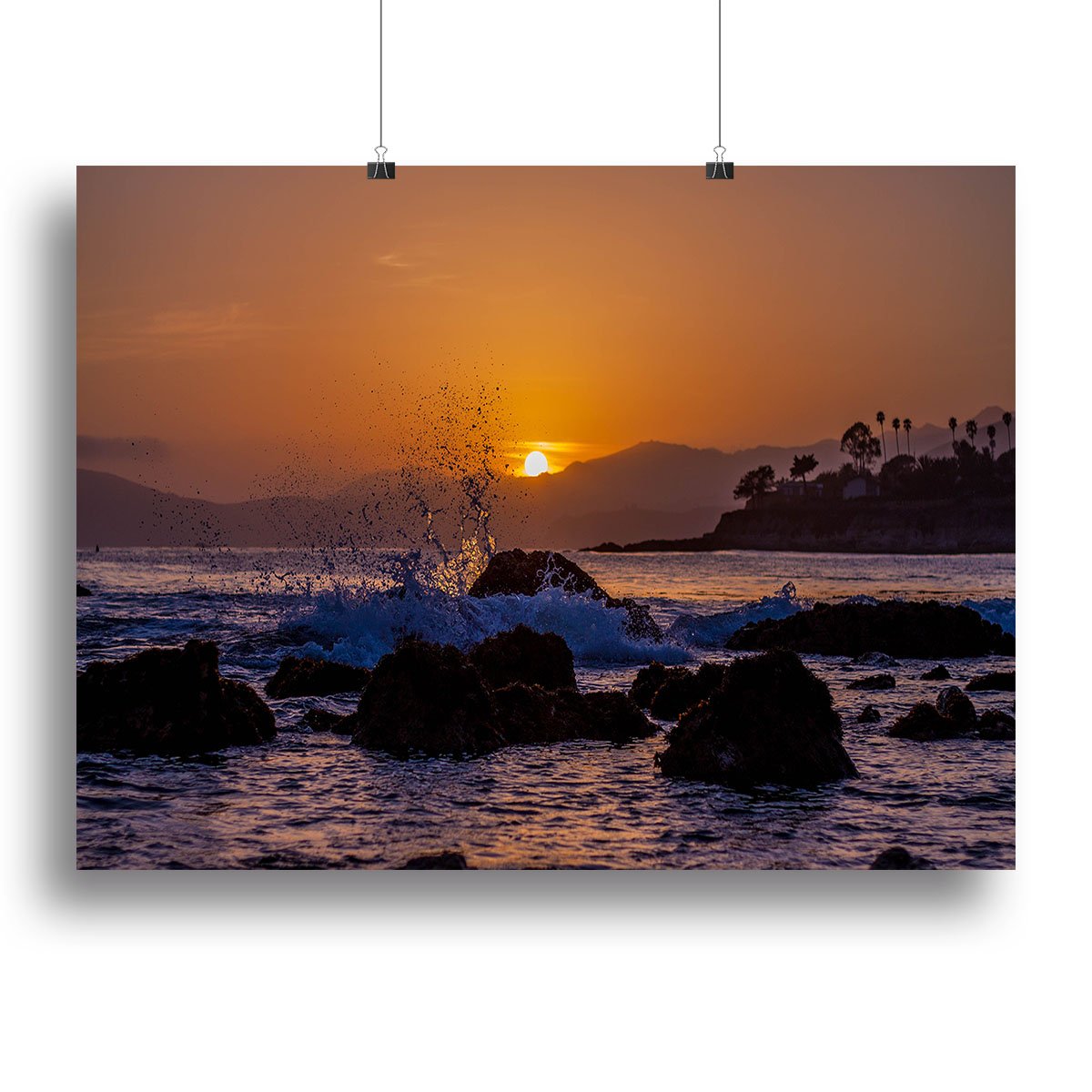Splashing Rocks Beach Sunset Canvas Print or Poster