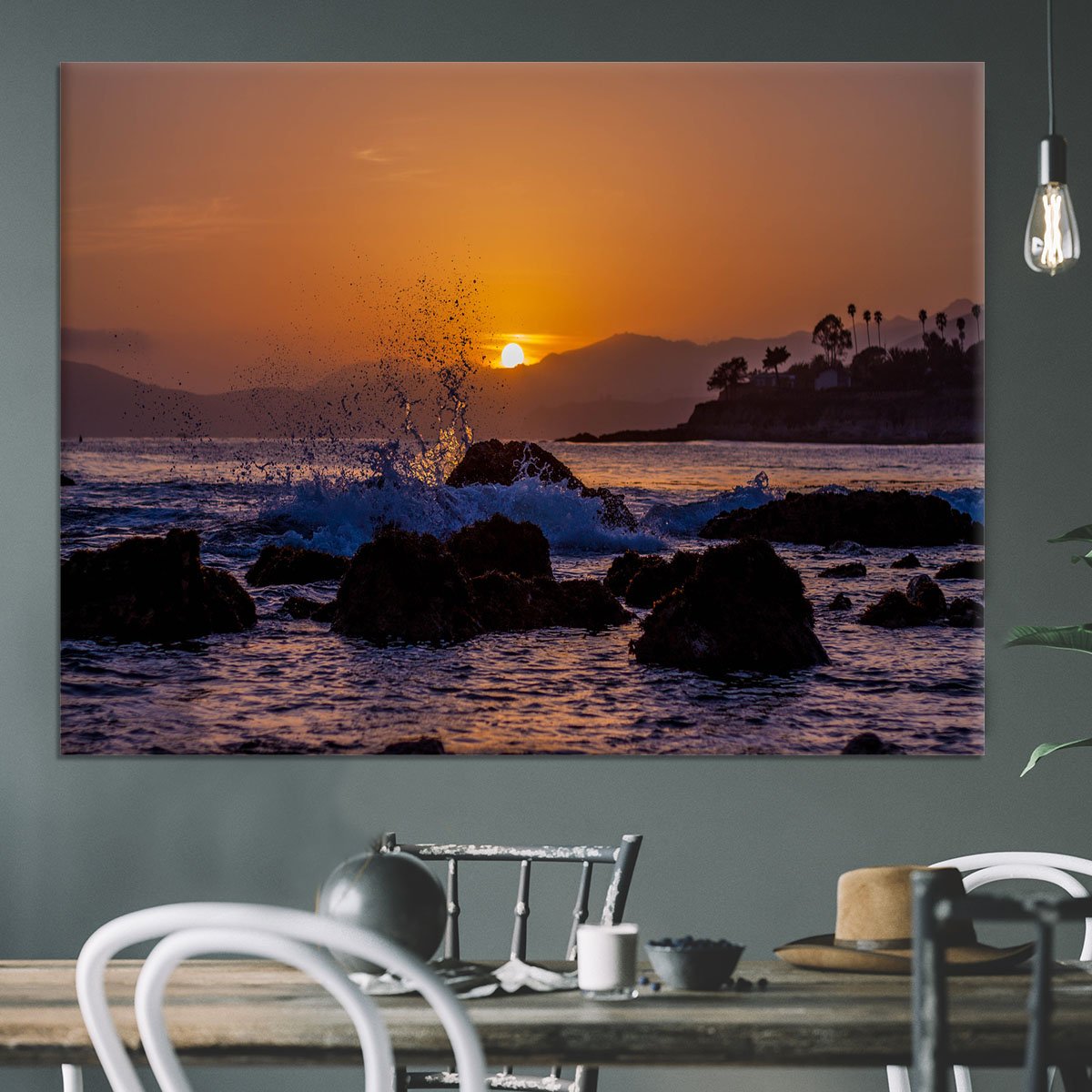 Splashing Rocks Beach Sunset Canvas Print or Poster