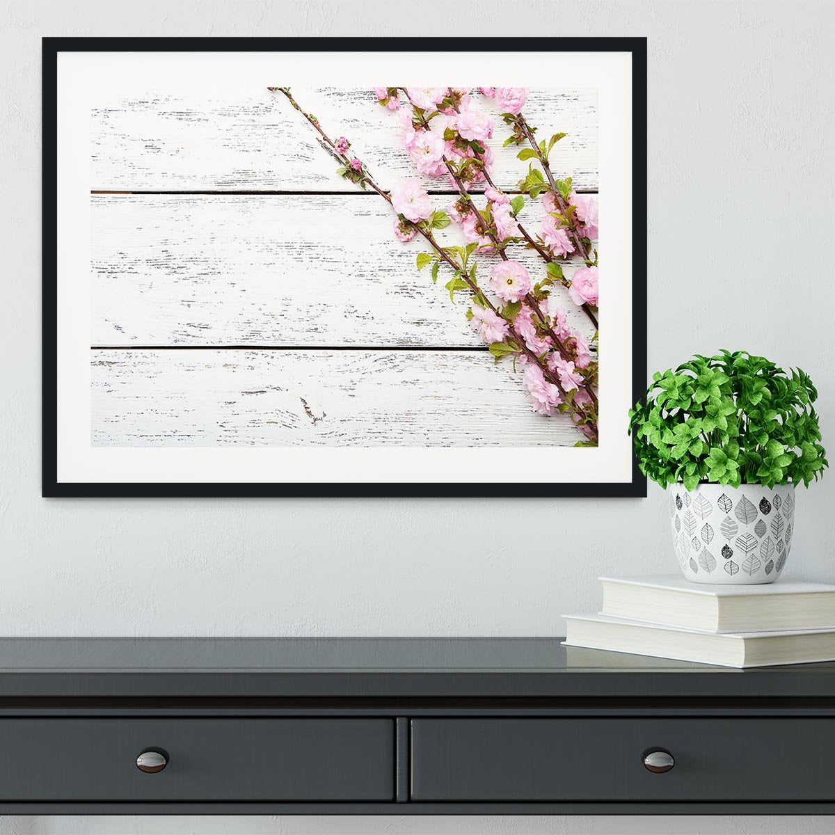 Spring flowering branch on white wooden Framed Print - Canvas Art Rocks - 1