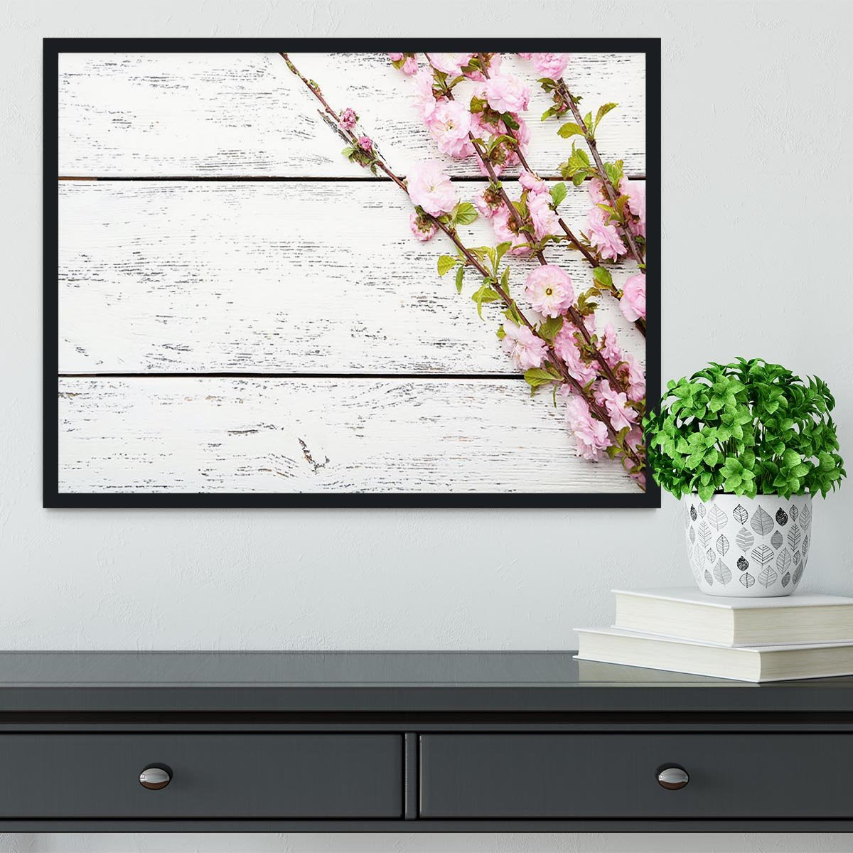 Spring flowering branch on white wooden Framed Print - Canvas Art Rocks - 2