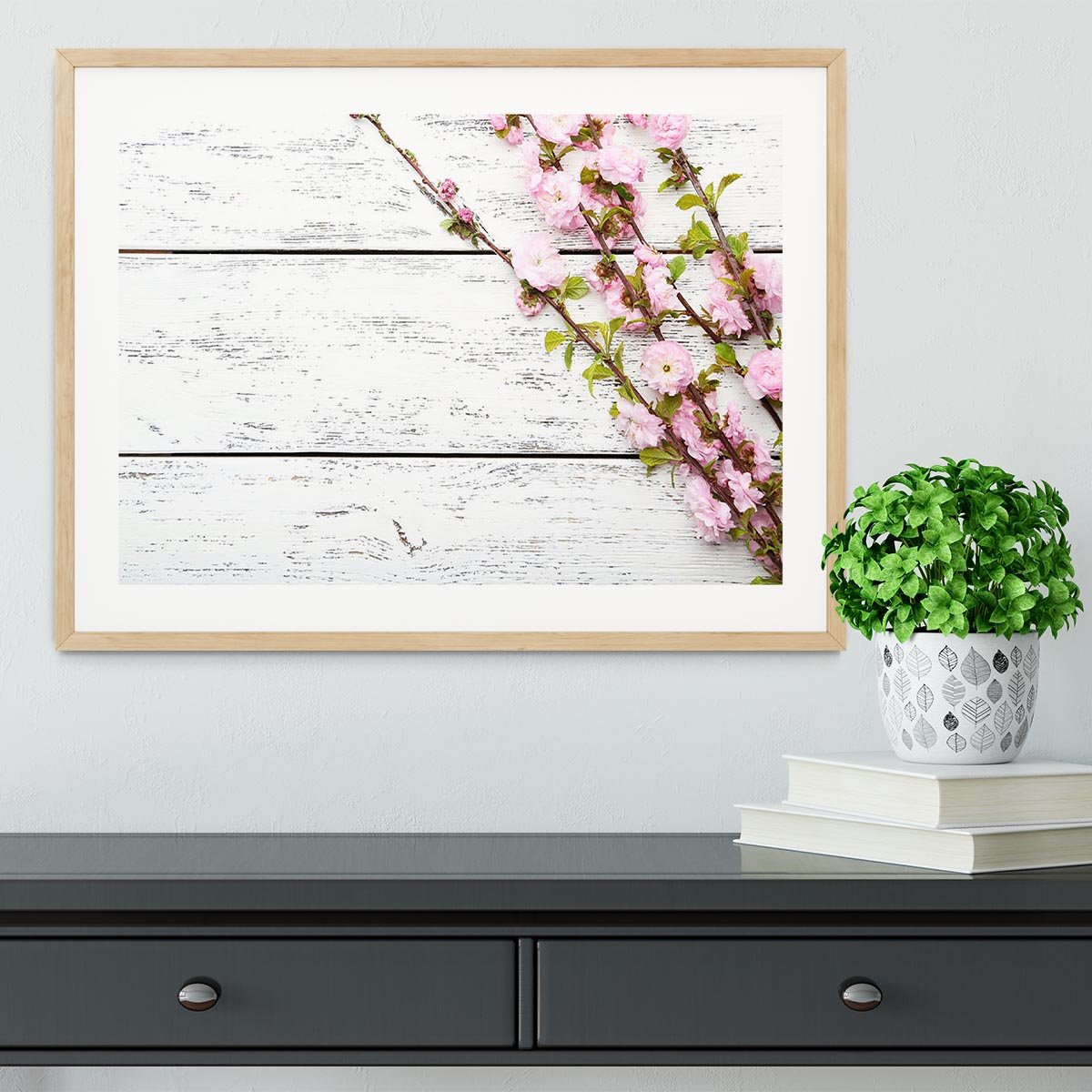 Spring flowering branch on white wooden Framed Print - Canvas Art Rocks - 3