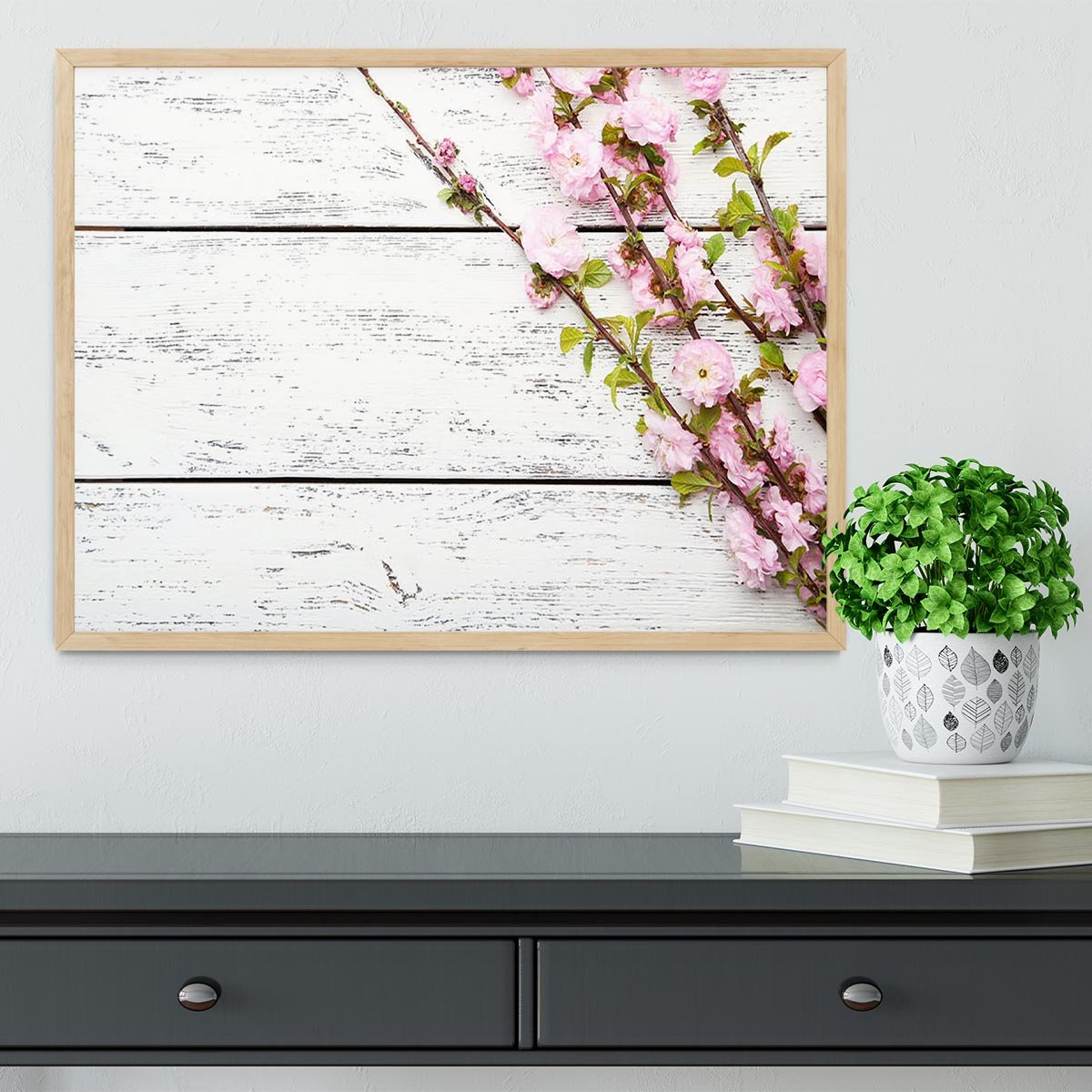 Spring flowering branch on white wooden Framed Print - Canvas Art Rocks - 4