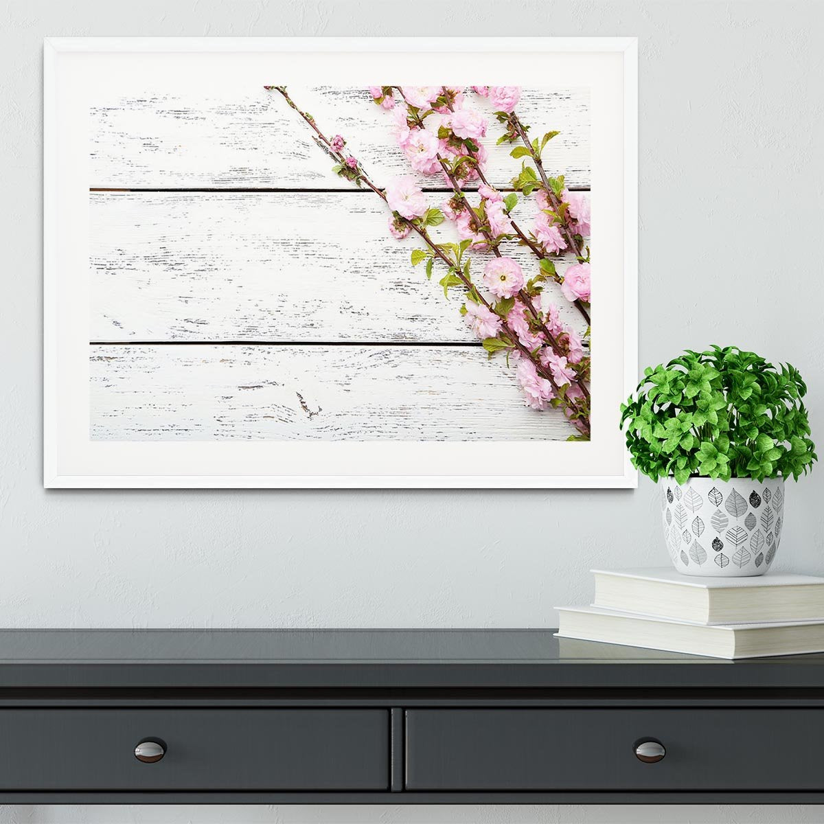 Spring flowering branch on white wooden Framed Print - Canvas Art Rocks - 5