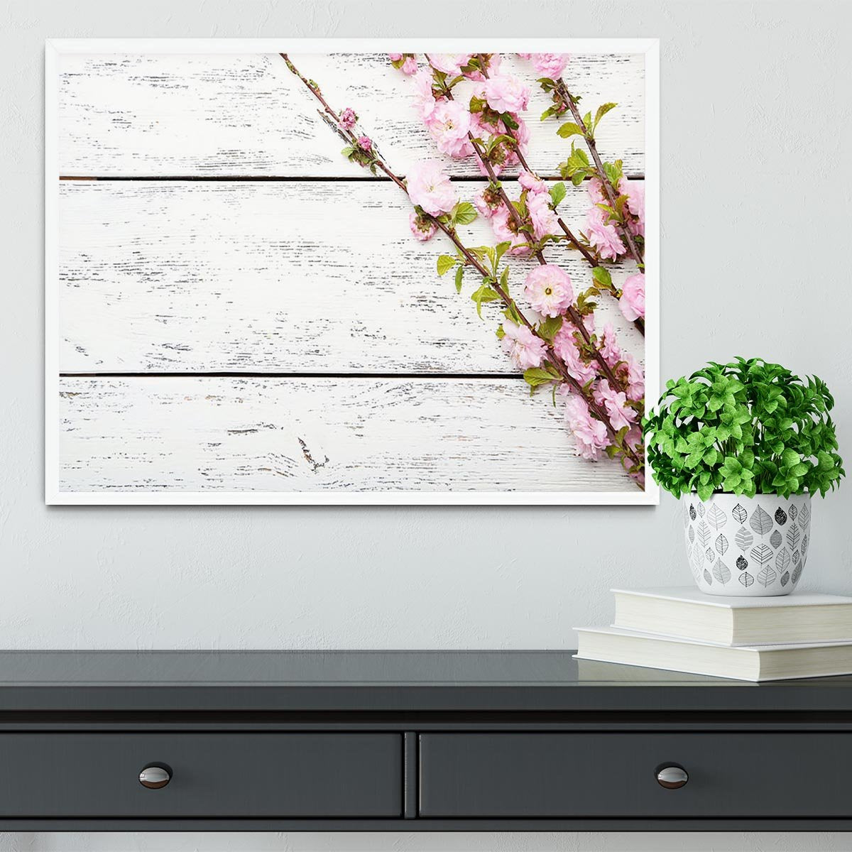 Spring flowering branch on white wooden Framed Print - Canvas Art Rocks -6