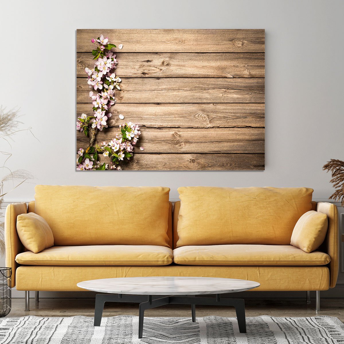 Spring flowering branch on wooden background Canvas Print or Poster
