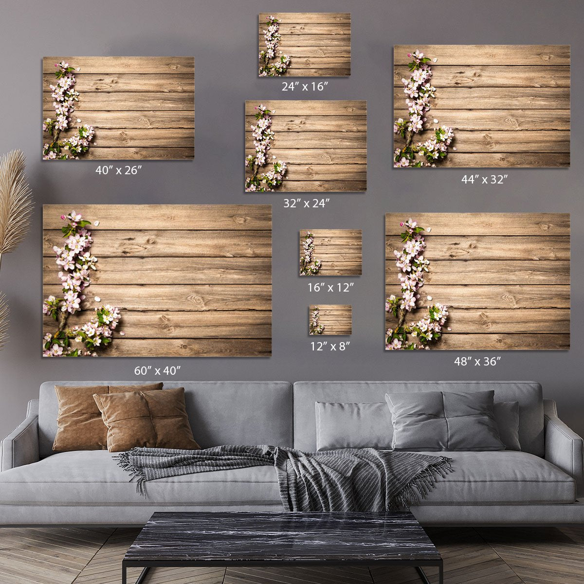Spring flowering branch on wooden background Canvas Print or Poster