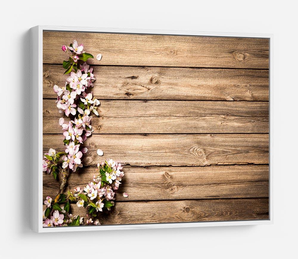 Spring flowering branch on wooden background HD Metal Print