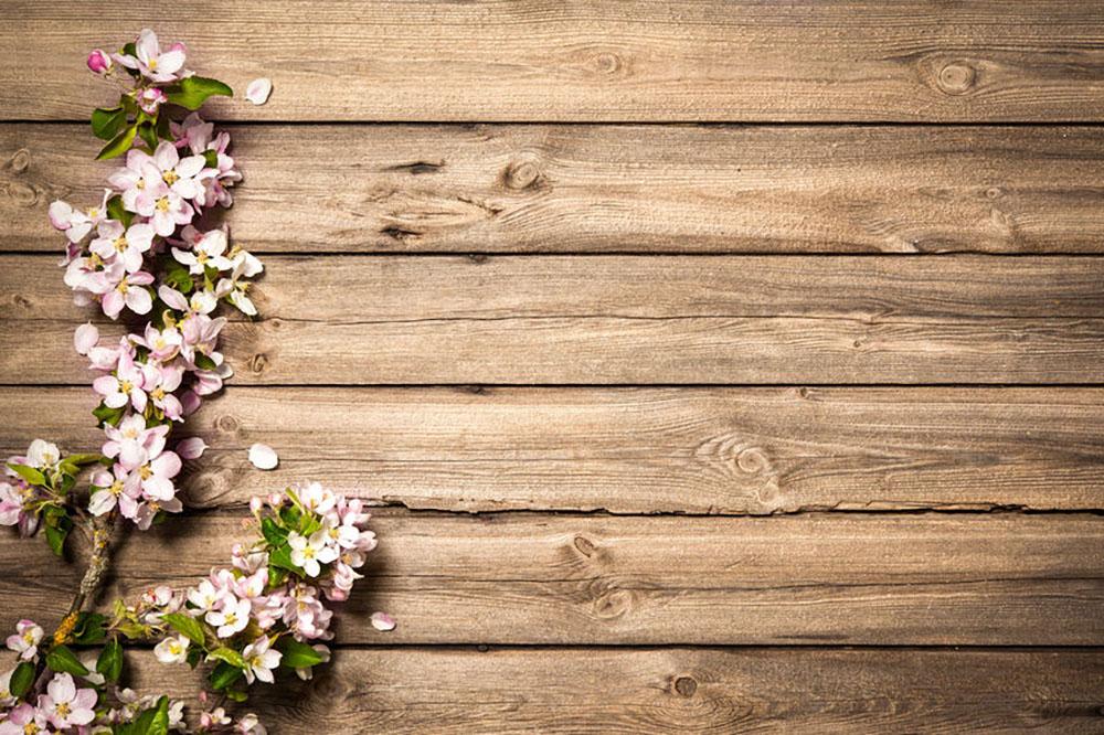 Spring flowering branch on wooden background Wall Mural Wallpaper - Canvas Art Rocks - 1