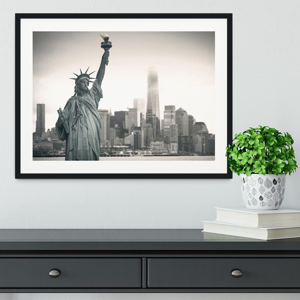 Statue of Liberty with cityscape Framed Print - Canvas Art Rocks - 1