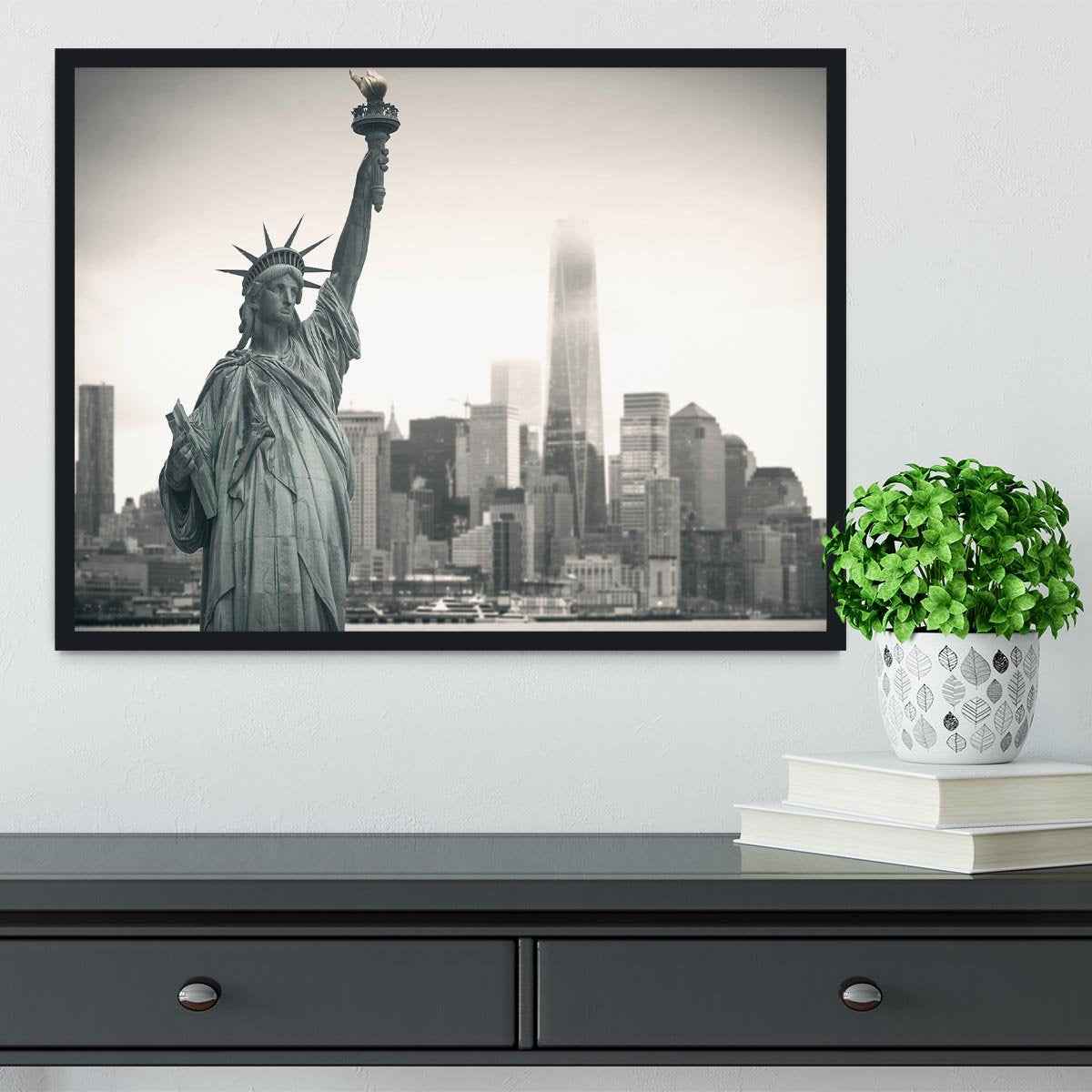 Statue of Liberty with cityscape Framed Print - Canvas Art Rocks - 2