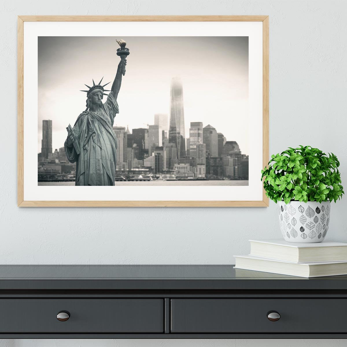 Statue of Liberty with cityscape Framed Print - Canvas Art Rocks - 3