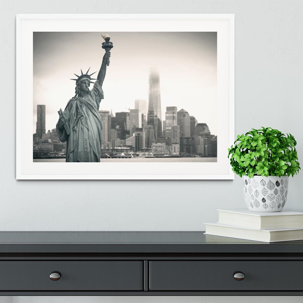 Statue of Liberty with cityscape Framed Print - Canvas Art Rocks - 5