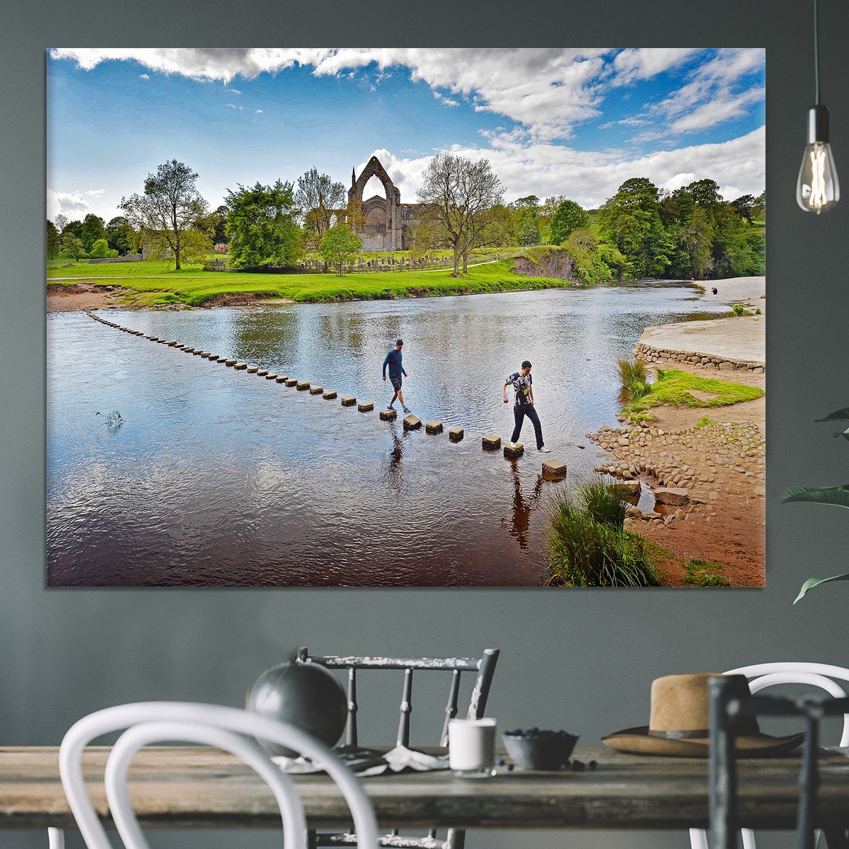 Stepping stones at Bolton Abbey Canvas Print or Poster