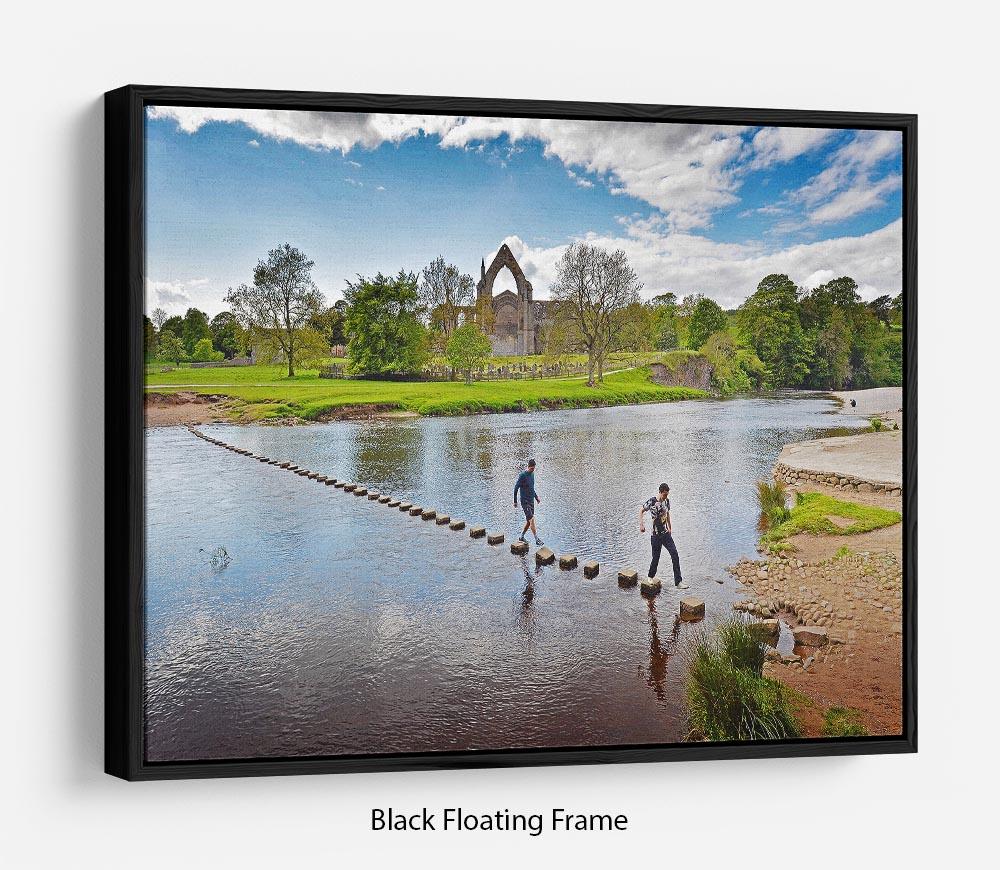 Stepping stones at Bolton Abbey Floating Frame Canvas - Canvas Art Rocks - 1