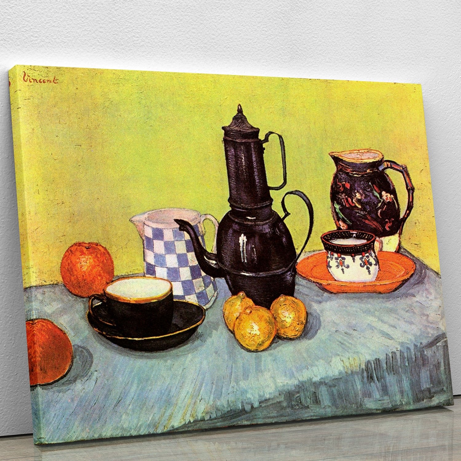 Still Life Blue Enamel Coffeepot Earthenware and Fruit by Van Gogh Canvas Print or Poster